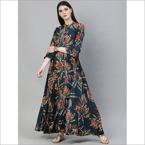 Ladies Greyish Blue Printed Floor Length Rayon Kurti