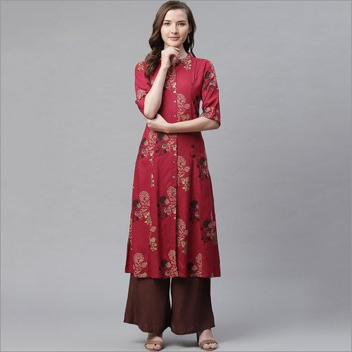 Ladies Maroon Printed A Line Kurti