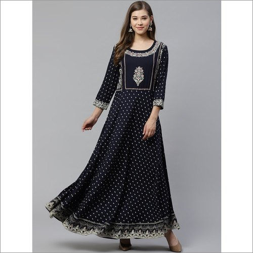 Ladies Navy Blue Rayon Anarkali Kurti