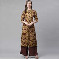Ladies Mustard And Red Rayon A Line Kurti