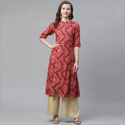 Ladies Maroon Rayon A Line Kurti