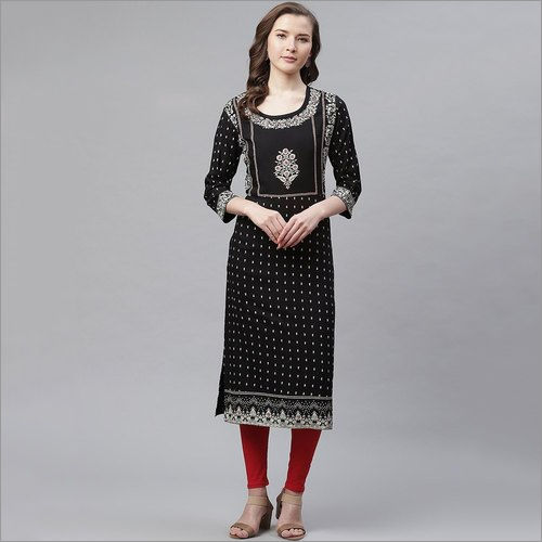 Ladies Black Rayon Straight Kurti