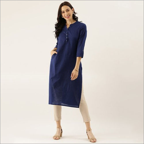 Ladies Divena Blue Solid Straight Roll Up Sleeve Kurti