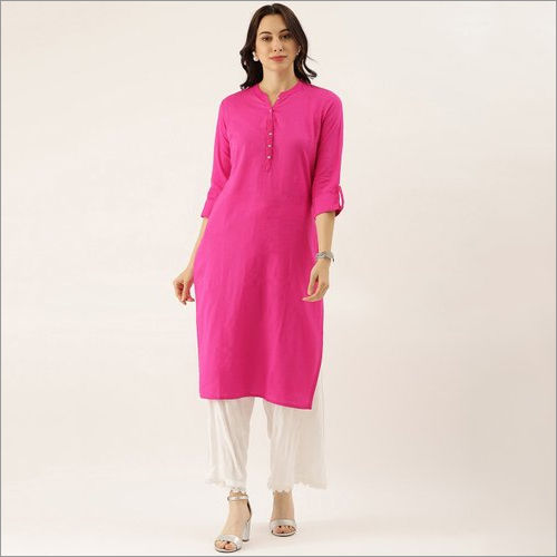 Ladies Divena Pink Solid Straight Roll Up Sleeve Kurti