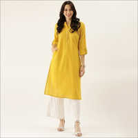 Ladies Divena Yellow Solid Straight Roll Up Sleeve Kurti