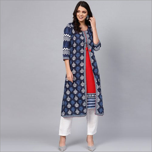 Washable Ladies Blue Cotton And Rayon A Line Kurti