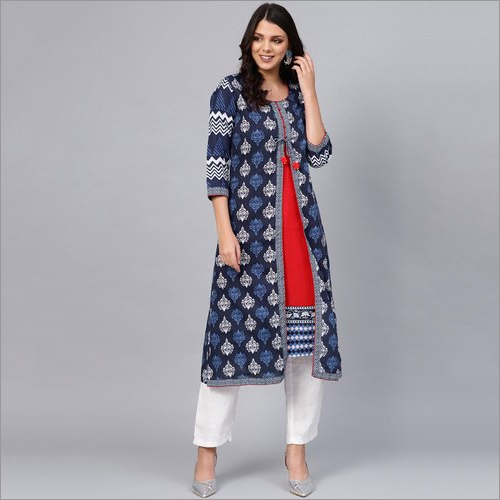 Ladies Blue Cotton And Rayon A Line Kurti