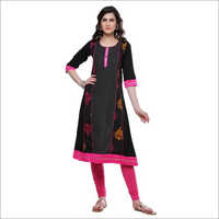 Ladies Black Printed A Line Rayon And Cotton Kurti