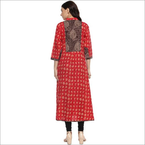 Ladies Red A Line Cotton Long Kurti