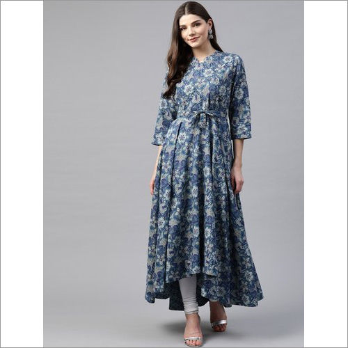 Ladies Divena Indigo Blue High Low Flared Kurti with Belt