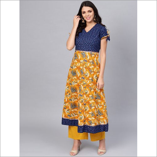 Ladies Gorgeous Blue And Mustard Anarkali Kurti