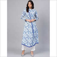 Ladies Hand Block Blue And White Printed Angrakha Anarkali Kurti