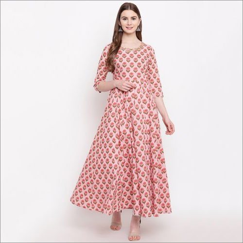 Ladies Pink Cotton Gotta Patti Work Anarkali Kurti