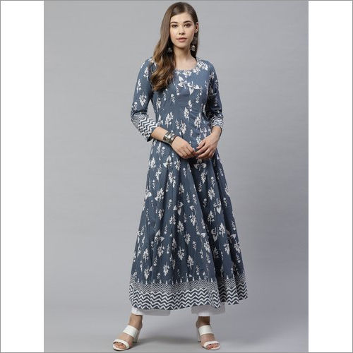 Ladies Grey Cotton Gotta Patti Work Anarkali Kurti