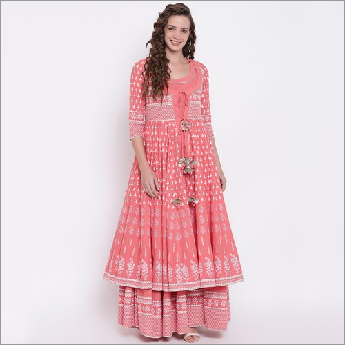 Washable Ladies Pink Double Layered Cotton Anarkali Suit With Jacket