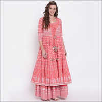 Ladies Pink Double Layered Cotton Anarkali Suit With Jacket