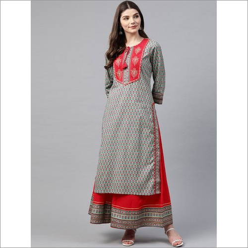 Washable Ladies Red And Teal Green Printed Kurti Set With Palazzo