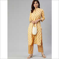 Ladies Yellow Flower Print Cotton Kurti Set