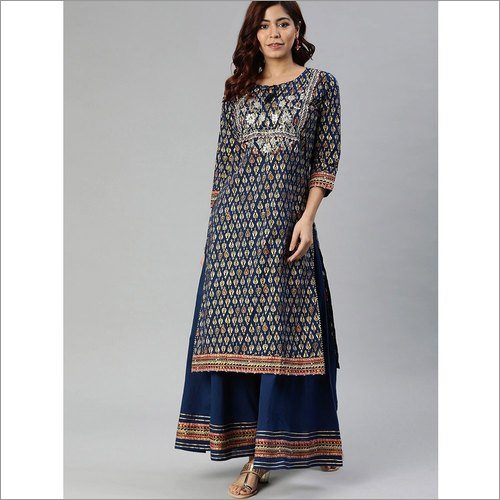 Ladies Blue And Gold Coloured Printed Kurti Set With Gotta Patti Detailing