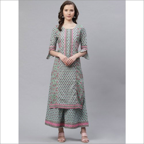 Ladies Blue Printed Straight Kurti Palazzo Set