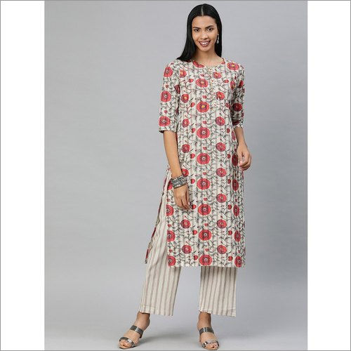 Ladies Off White Cotton Stripe Kurti With Stripe Pant Set