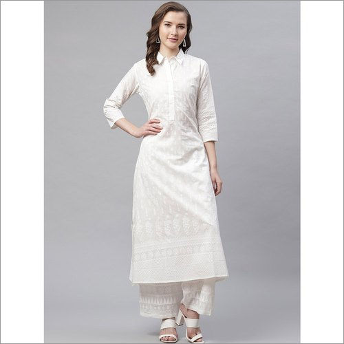 Ladies Ivory White Self Print Cotton Kurti Set With Palazzo