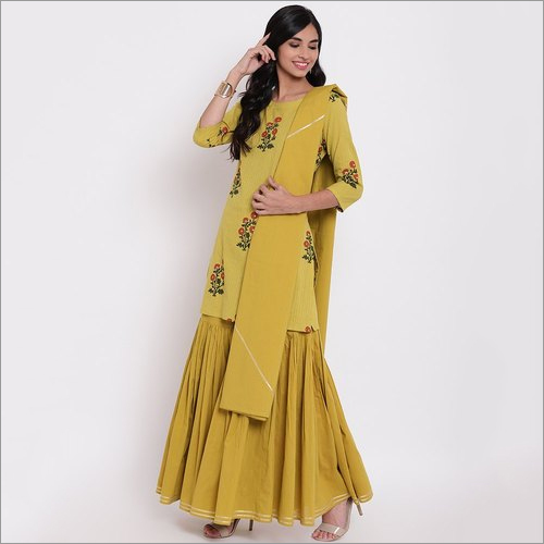 Ladies Lemon Yellow Cotton Sharara Kurti Set With Dupatta