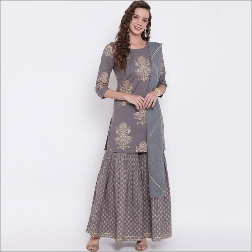 Gray Ladies Grey Foil Print Cotton Sharara Set With Net Dupatta