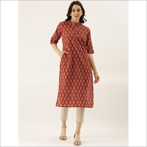 Ladies Divena Cotton Red Straight Kurti