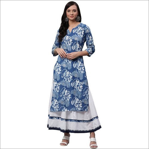 Washable Ladies Blue Cotton Kurti With Mulmul Sharara