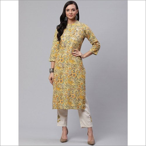 Breathable Ladies Yellow Cotton Kurti With Khadi Pant Set