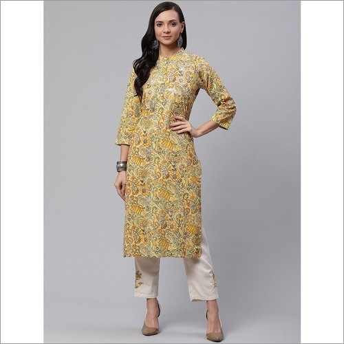 Ladies Yellow Cotton Kurti With Khadi Pant Set