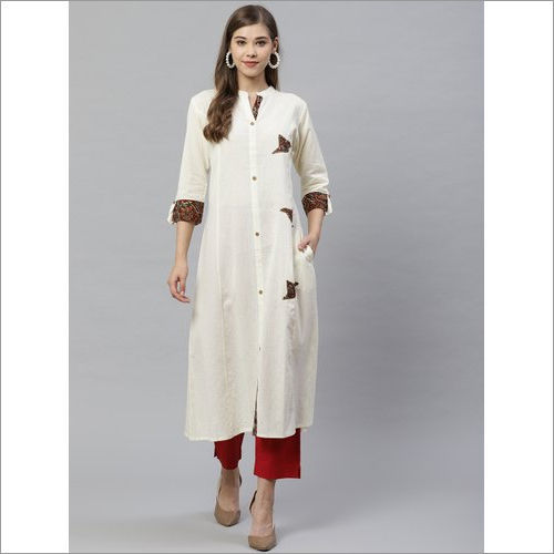 Washable Ladies Sequin Work Khadi Off White Kurti