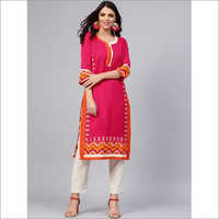 Ladies Pink Jaipuri Cotton Flex Embroidered Kurti - Feature: Washable