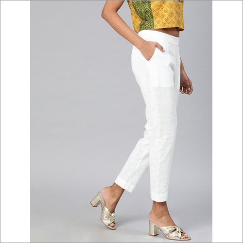 Ladies White Cotton Regular Pants
