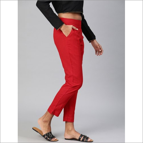 Ladies Red Cotton Regular Pants