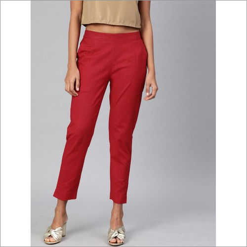 Straight Fit Ladies Maroon Cotton Regular Pants