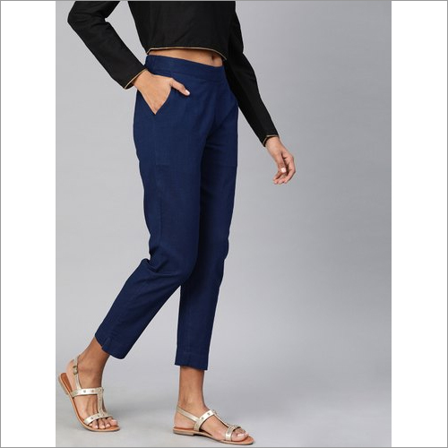 Straight Fit Ladies Blue Cotton Regular Pants
