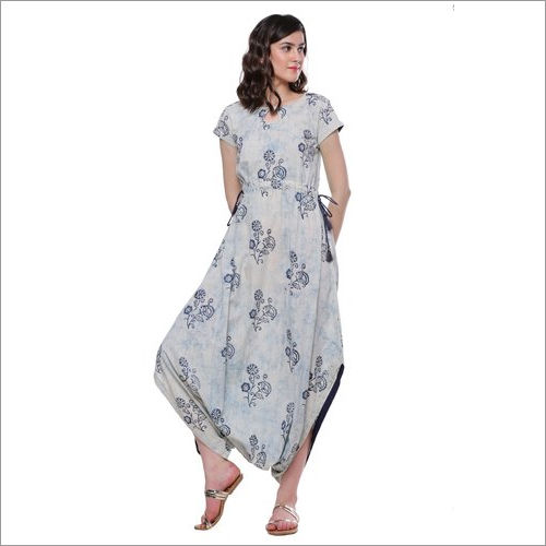 Breathable Ladies Indigo Hand Block Dhoti Style Cotton Kurti