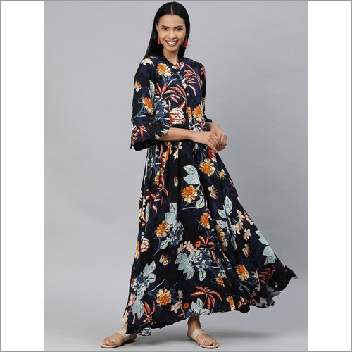 Breathable Ladies Blue Rayon Floor Length Flower Print Dress