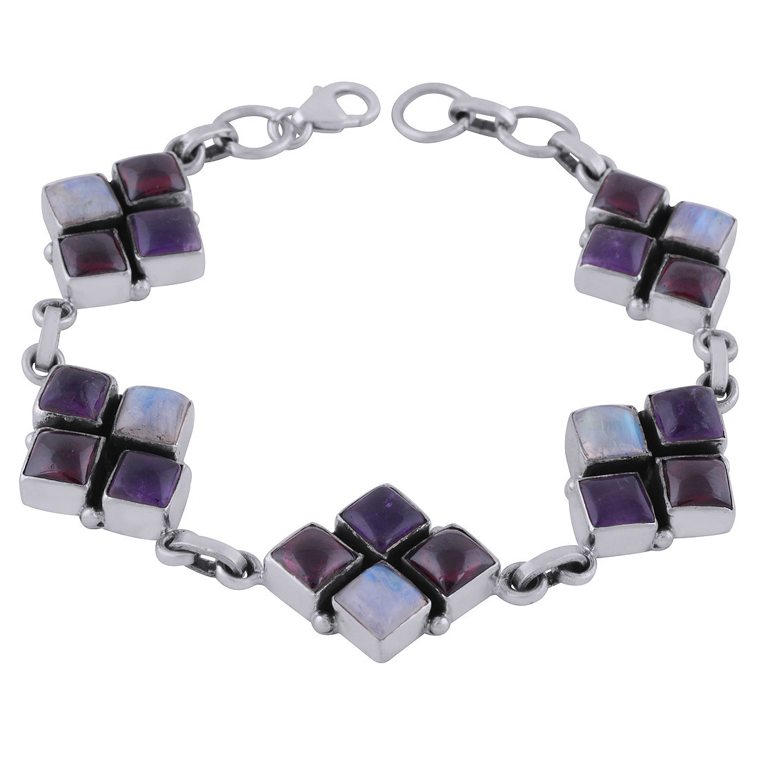 Amethyst/rainbow/garnet Natural Gemstone 925 Sterling Solid Silver Square Cabochon Handmade Bracelet
