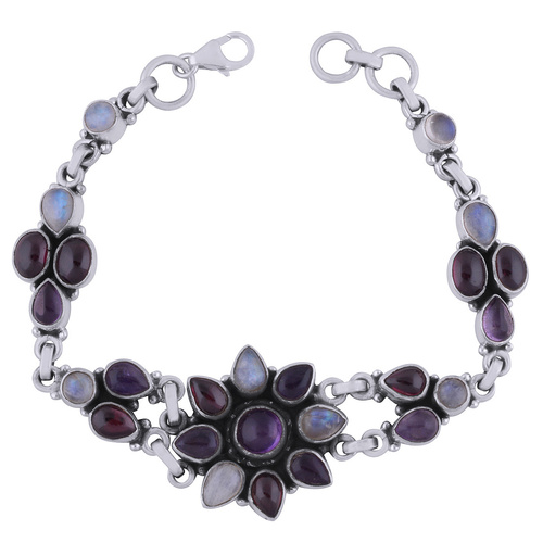 Multiple Natural Gemstone 925 Sterling Solid Silver Round/pear/oval Cabochon Handmade Bracelet
