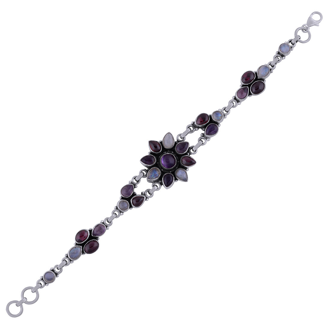Multiple Natural Gemstone 925 Sterling Solid Silver Round/pear/oval Cabochon Handmade Bracelet