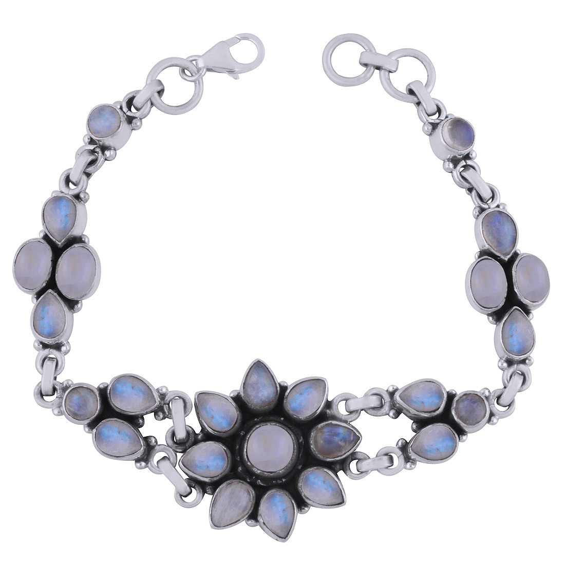 Multiple Natural Gemstone 925 Sterling Solid Silver Round/pear/oval Cabochon Handmade Bracelet