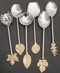 Stainless Steel & Brass Leafs Salad Server - 10-11 Inches, Silver Color With Modern Shiny Finish