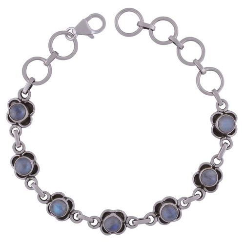 Rainbow Natural Gemstone 925 Sterling Solid Silver Round Cabochon Handmade Bracelet