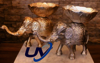 Engraved Decorative Elephants Made In Metal With Carved Bowls - Color: Silver And Golden
