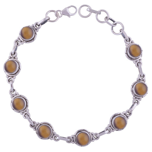 Tiger Eye Natural Gemstone 925 Sterling Solid Silver Round Cabochon Handmade Bracelet