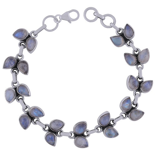 Rainbow Natural Gemstone 925 Sterling Solid Silver Pear Cabochon Handmade Bracelet