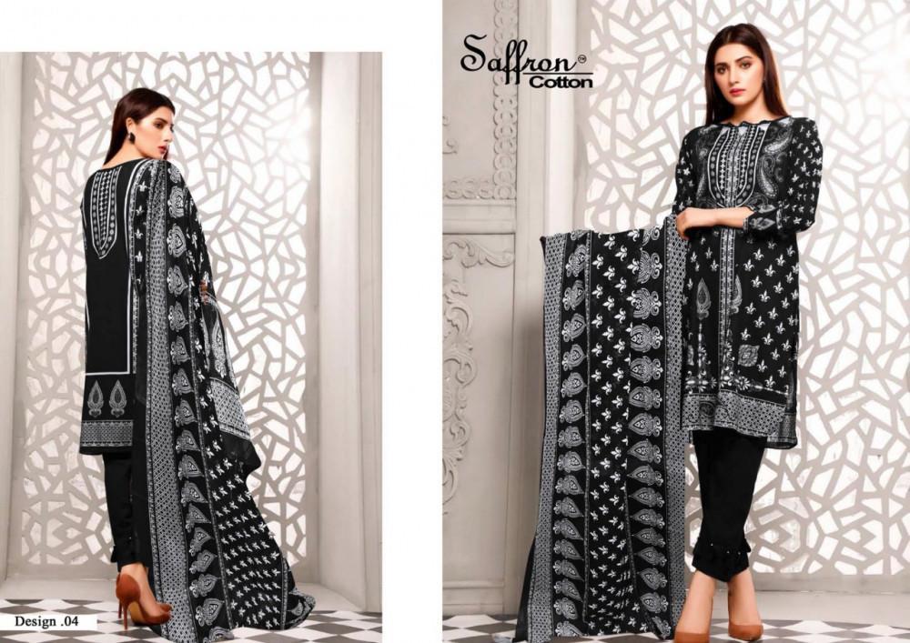 Saffron Cotton Black And White Eid Collection Dress Material Catalog